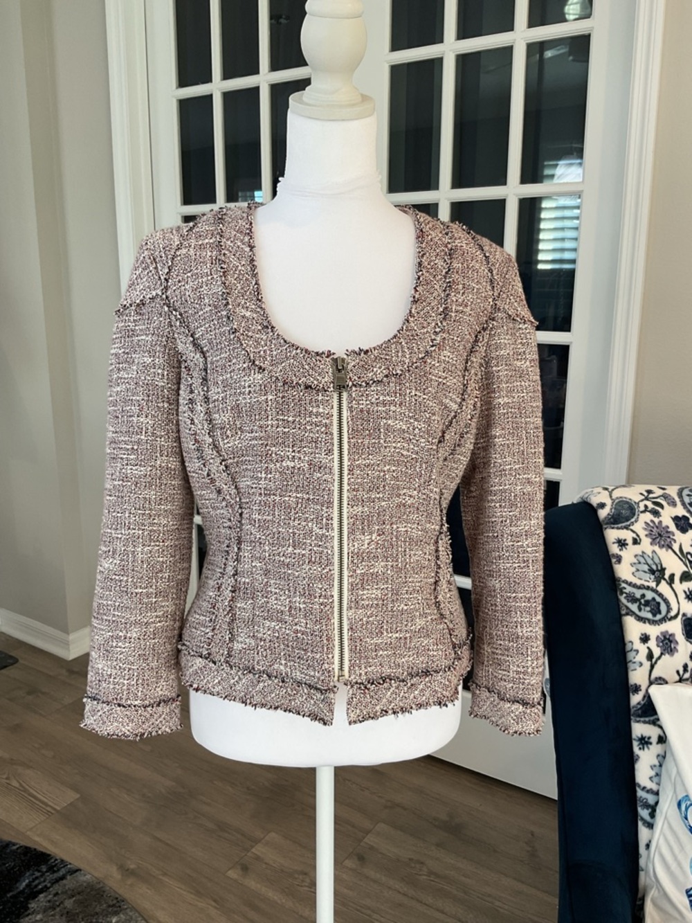Banana Republic Maroon Tweed Frayed Zip-Front Jacket Size 8